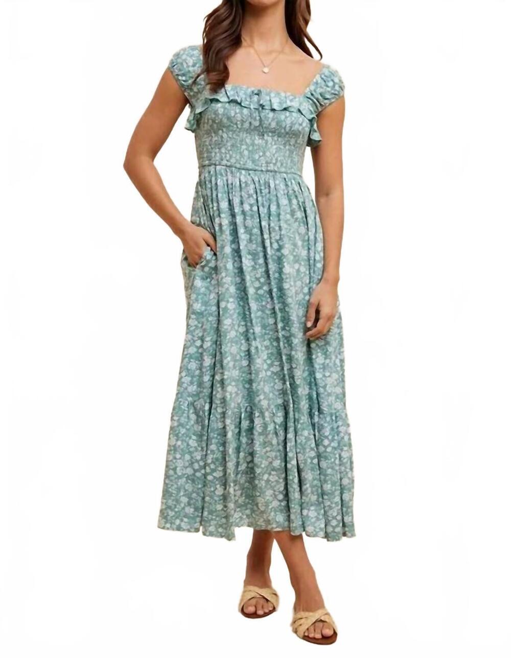 NEW IN-LOOM smocked floral print maxi dress in green